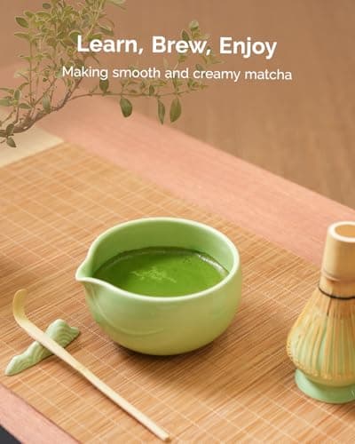 Maestri House Matcha Whisk Set, 7-Pc Complete Matcha Kit with Spouted Ceramic Bowl, Bamboo Whisk and Holder, Scoop, Spoon Rest & Sifter, Tea Cloth – Ideal Gift for Matcha Lovers (Green) - Thumbnail 5