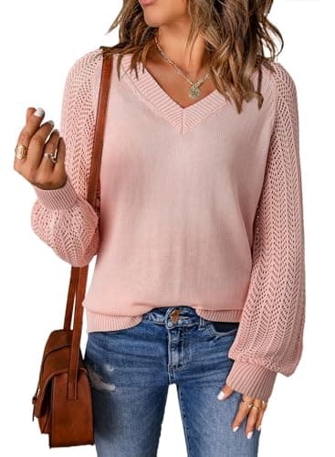 Dokotoo 2026 Spring Sweaters for Women Trendy V Neck Long Puff Sleeve Solid Color Hollow Out Fashion Casual Loose Plain Cable Knit Sweater Pullover Jumper Outerwear Pink Medium - Image 1
