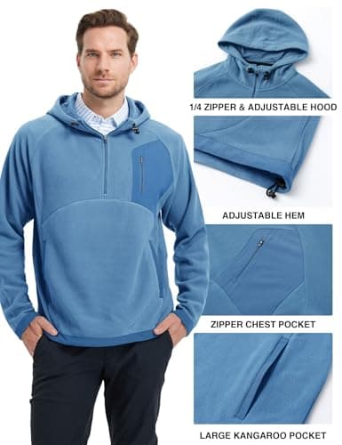 M MAELREG Mens Hoodies Microfleece Winter Warmth Golf Quarter Zip Hoodies Polar Fleece Hooded Sweatshirts for Men Misty Blue - Thumbnail 5