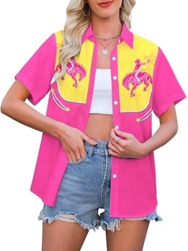 Western Shirts for Women Retro Cowgirl Shirt Rodeo Button Down Tshirt Casual Collared Cowboy Blouses Tops Pink - Image 1