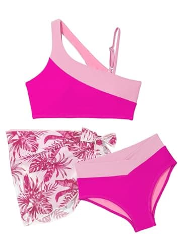 DOKOTOO KIDS Girls Swimsuit Tween Girl 3 pcs Bathing Suit Removable Pads Bikini Sets Swim Top High Waisted Bottom Summer Beachwear with Cover up Rosy Size 14 15 16 Year Old - Image 1