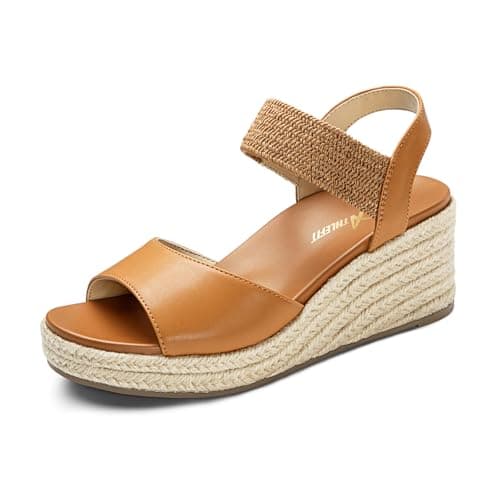 Athlefit Platform Wedge Sandals for Women Comfortable Espadrille Dressy Casual Open Toe Elastic Strap Tan Sandals with Arch Support for Beach Summer Walking Size 7 - Image 1