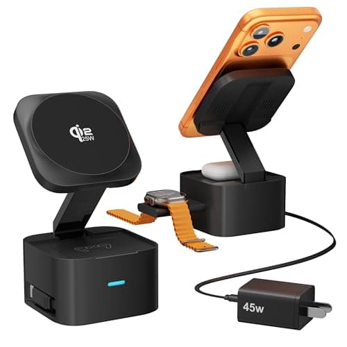 Foldable 3-in-1 Charging Station for Apple Devices, Qi2.2 25W MagSafe Charger Stand, Magnetic Wireless Charger for iPhone 17/16/15/14/13/12/Air Series, Apple Watch & AirPods (with 45W PD Adapter)