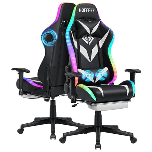 Led Gaming Chair with Speakers Massage 165° Reclining Computer Chairs-White