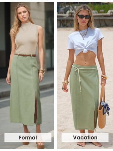 EXLURA Womens Linen Elastic Waist Straight Midi Skirt Summer Cotton Maxi Long Boho Skirts Slit Beach Vacation Outfits 2026 Grey Green - Thumbnail 4