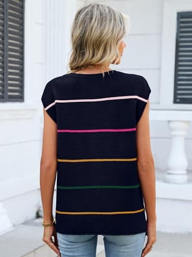 Bellcoco Womens Cap Sleeve Summer Tops Striped Sweater Vest Lightweight Casual Crewneck Loose Knit Pullover Tank Top Beach Vacation Outfits Navy Blue L - Thumbnail 4