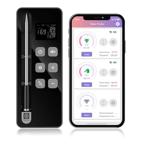 Smart Bluetooth Wireless Meat Thermometer with Display Base, NIST ±0.5°F Accuracy, 1000°F Heat-Resistant Ultra-Thin Probe, Long-Range 10X Sub-1G Signal, WiFi Range for BBQ, Grill, Oven & Smoker-Grey - Image 1