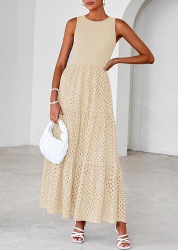 Lazysmile Womens Summer Dresses Crewneck Sleeveless A-Line Hollow Out Eyelet Tiered Tank Maxi Dress Sundress with Pockets - Thumbnail 4