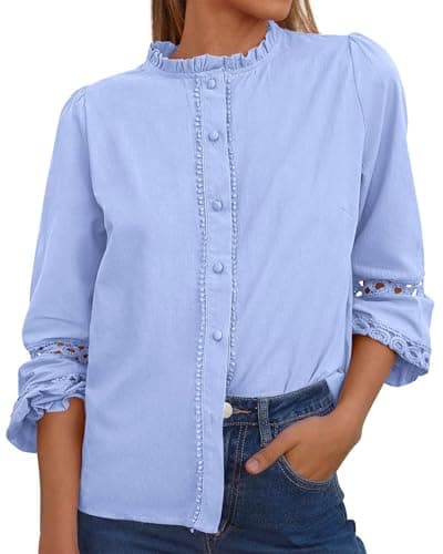KIRUNDO Going Out Tops for Women 2026 Spring Fashion Boho Cotton Eyelet Long Sleeve Button Up Shirt Lace Dressy Casual Blouse(Light Blue, X-Large) - Image 1