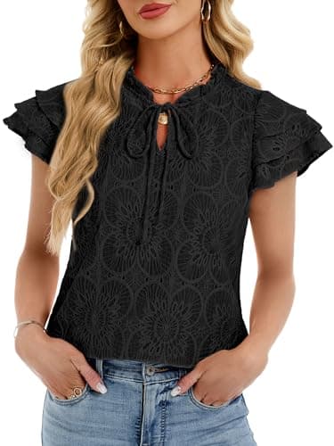 Funlingo Womens Blouses Dressy Casual Summer Cap Short Sleeve Hollow Out Eyelet Tops Ruffle Collar Lace Crochet Embroidered Shirts Black S - Image 1