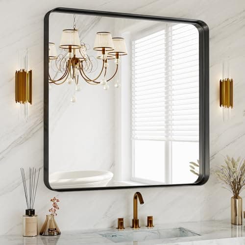 36 Inch Brushed Nickel Bathroom Mirrors for Over Sink, Rounded Rectangle Black Vanity Mirror, Farmhouse Mirror for Wall, HD Tempered Glass, Anti-Rust Mirror,Hangs Horizontally or Vertically - Image 1