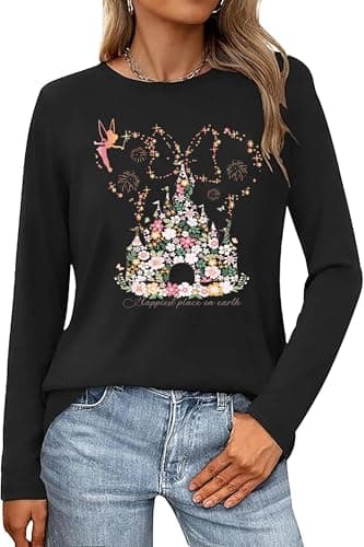 Tewmeu Magic Kingdom Shirts for Women Cute Princess Shirt Family Casual Vacation Long Sleeve Sweatshirts Black - Image 1