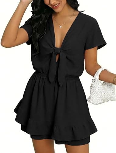 Angashion Womens Summer Short Romper: Sexy V Neck Tie Front Short Sleeves Jumpsuit Casual Vacation Beach Outfits Rompers with Pockets Black Small - Image 1