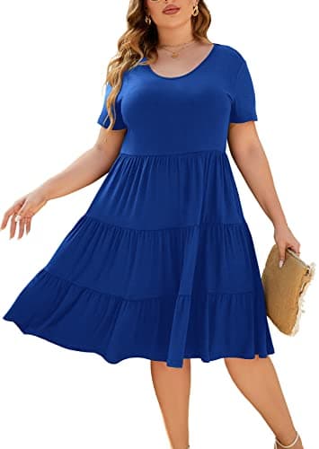 Younrui Plus Size Summer Royal Blue Dresses for Women Flowy Aline Swing Ruffle Hem Relax Fit Solid Casual Dress (3XL-1001-Royal Blue) - Image 1