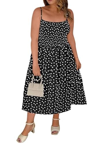 Beautife Women's Plus Size Midi Dress Summer Polka Dot Square Neck Long Dresses Spaghetti Strap Smocked Beach Sundress - Image 1