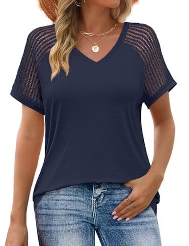 JUSTFASHIONNOW Short Sleeve Blouses for Women Cute Summer Tops Dressy Casual V Neck Tshirts 2026 Trendy Spring Clothes（Navy Blue,X-Large - Image 1