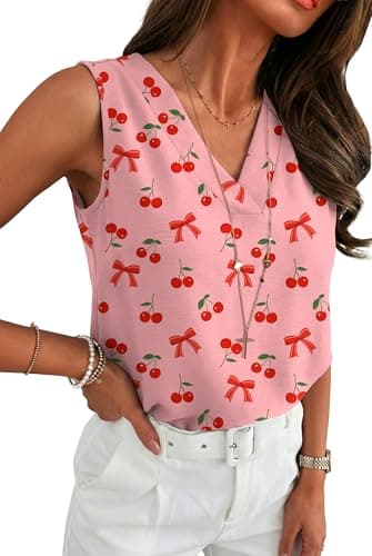 Cherry Valentine Tank Top for Women Textured V-Neck Sleeveless Cute Fruit Print Summer Top - Image 1