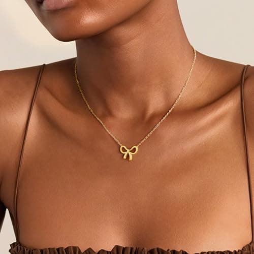 Fimhut Gold Necklace for Women Girls Easter Basket Stuffers - 18K Gold Plated Dainty Necklace Cute Small Tiny Bow Pendant Choker Chain Necklaces Trendy Necklaces for Women Girls Teenage - Thumbnail 3