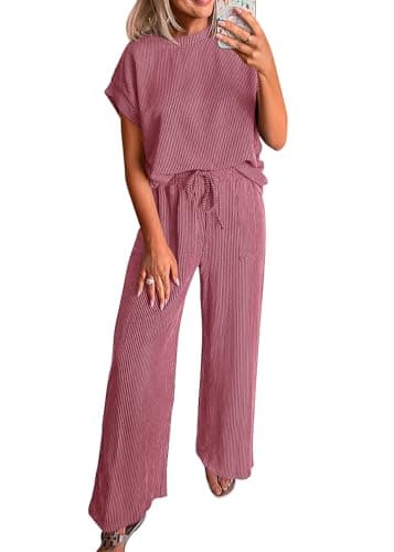 KIRUNDO 2 Piece Sets for Women Dressy Casual Ribbed Knit Short Sleeve Tops Wide Leg Pants Lounge Set Travel Airport Outfits(Purple Red, Small) - Image 1