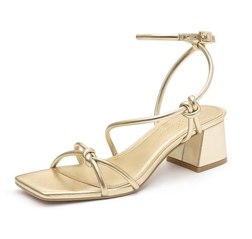 Athlefit Gold Heels Sexy Women Strappy Heels with Square Toe Low Chunky Block Heels Sandals Comfortable Summer Party Shoes for Dancing Wedding Prom Work 8.5 - Image 1