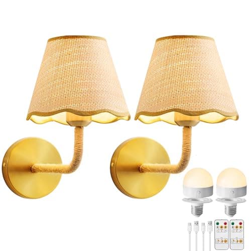 PENACINY Battery Operated Rattan Wall Sconces Set of Tow, Wireless Rechargeable Battery Powered Wall Light with Grass-Woven Lampshade for Bedroom Living Room Hallway Porch(E26 Bulb Included) - Image 1