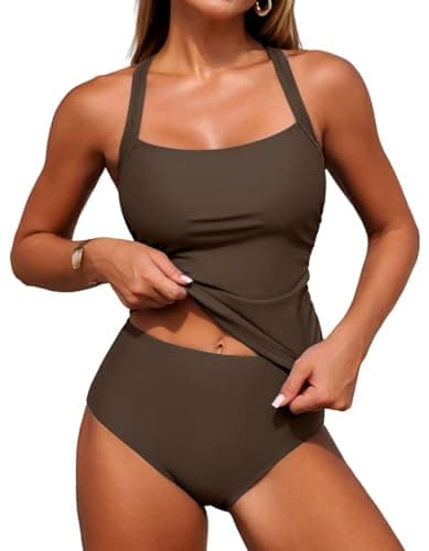 ZAFUL Women's Swimsuit Tankinis Tummy Control Bathing Suits 2 Piece Swimsuit Full Coverage Slimming Tankini Top with High Waisted Bottom Brown XL