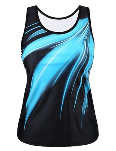 Firpearl Women's Swim Tops with Built in Bra Tummy Control Bathing Suit Top Modest Tankini Top L/10-12 Blue&Black Ripple - Image 1