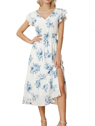 GRACE KARIN 2025 Summer Midi Dress V Neck Ruffle Sleeve Elastic High Waist A-Line Ruffle Hem Tiered Wedding Guest Dress Floral Dress for Women 2XL - Image 1