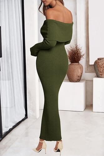 dowerme Women's Off The Shoulder Sweater Dress 2026 Formal Long Sleeve Bodycon Maxi Wedding Guest Dresses Spring Outfits(Army Green,X-Small) - Thumbnail 3
