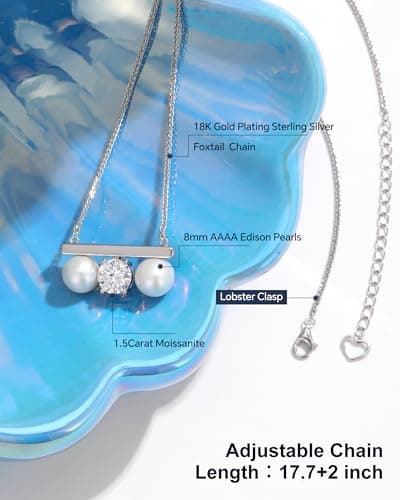 N9NEMUSES Valentines Day Gifts for Her, 8mm AAAA+ Real Edison Pearl Necklace for Women, 925 Sterling Silver Necklace with Moissanite, Anniversary Birthday Jewelry Gift for Mom Wife Her Girlfriend - Thumbnail 3