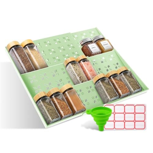 Expandable Spice Drawer Organizer (11"-22"), 3-Tier Slanted Kitchen Cabinet Rack with Labels & Funnel, Adjustable for Standard & Tall Bottles, Versatile for Bathroom & Office – Jars Not Included - Image 1