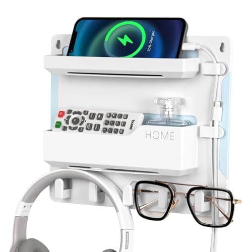 JUMEIHUI Bedside Shelf Wall Mount, Adhesive Bedside Shelf Accessories Organizer with Hooks and Cable Clips,Dorm Bedside Wall Storage for Phone, Remote, Earphone, Kindle,Plastic(White) - Image 1