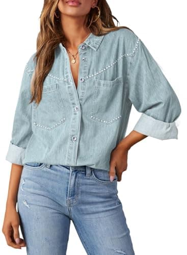 Dokotoo Long Sleeve Shirts for Women Casual V Neck Button Down Denim Tops Cowgirl Outfits Classic Collared Chambray Jean Western Shirt Rhinestone Top Cowboy Shirts Jean Blouses for Women Beau Blue M - Image 1