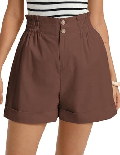 GRACE KARIN Womens Shorts Casual 2026 Summer Linen Elastic High Waist Button Shorts Beach Vacation Clothes Brown L - Image 1