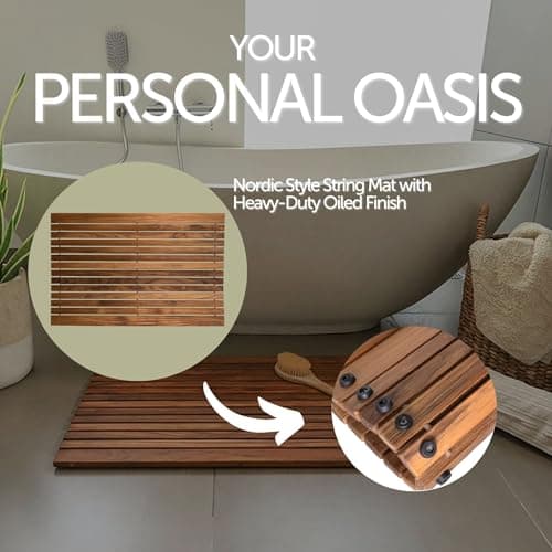 Nordic Teak 100% Solid Teak Wood String Mat - Indoor and Outdoor Use - Non-Slip Wooden Platform for Sauna, Pool, Hot Tub Flooring Decor and Protector (Oiled Finish w/Front Slabs, 31.4" x 19.6") - Thumbnail 3