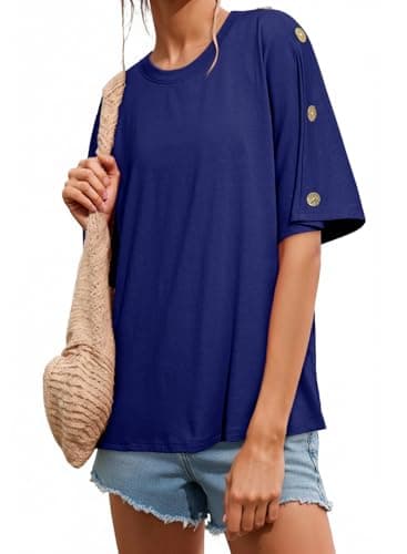 Dokotoo Short Sleeve Tops for Women Casual Pullover Blouses Cotton Oversized T Shirt Button Down Shirts Summer Tops for Women 2026 Navy Blue Shirt X-Large - Image 1