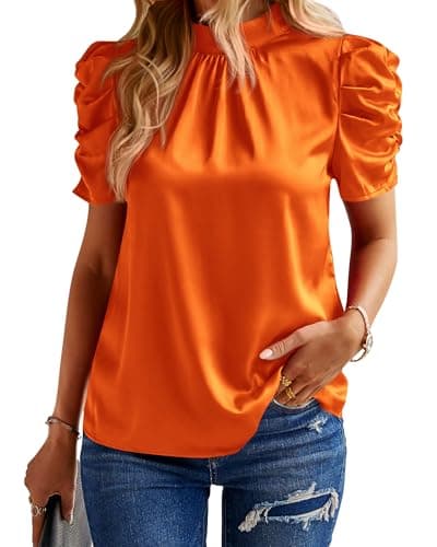 BTFBM Womens Tops Dressy Casual Mock Neck Puff Short Sleeve Shirts Back Tie Business Work Blouses Summer Fall 2025(Solid Orange, XX-Large) - Image 1