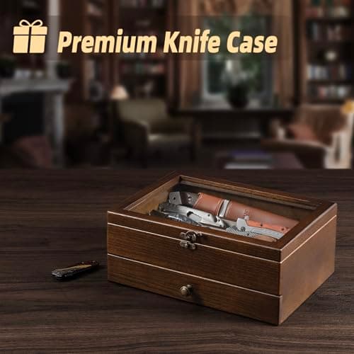 Knife Display Case Knife Collection Display Holder with Glass Lid, 2-Layer Wooden Pocket Knife Case with Drawers - Thumbnail 4
