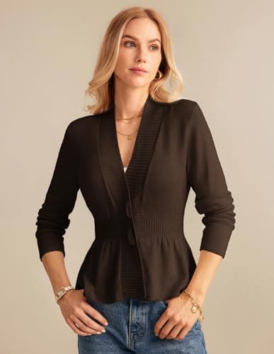 GRACE KARIN Women Cardigan Sweaters 2025 Fall,Long Sleeve Cropped Sweater Coat Trendy,Button Front Peplum Tops Lightweight - Thumbnail 2