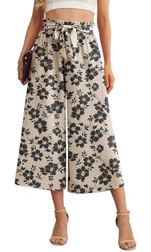 IWOLLENCE Women Flowy Loose Wide Leg Pant Summer Beach Casual Trousers high Waist Adjustable Knot Business Work Casual Pants Khaki Black Flower Medium - Image 1