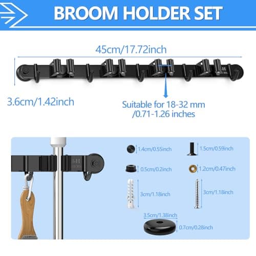 3-H Magnetic Broom Holder Wall Mount 1 Pack, 2-in-1 Dual Mount (No Drill or Screw Fix), 304 Stainless Steel Heavy Duty Magnet Mop Broom Organizer for Kitchen Garden Garage(4 Racks & 5 Hooks,Black) - Thumbnail 2