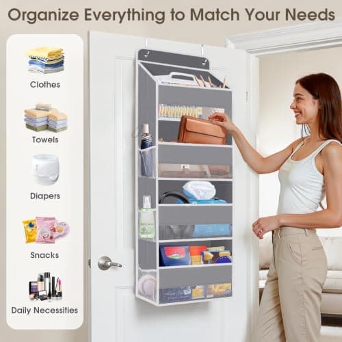 SpaceHacks 1 Pack Over The Door Organizer, Hanging Storage Organizer with Clear Window, 40lb Ultra Sturdy Large Capacity Room Organizer for Pantry Laundry Bathroom Nursery Closet Baby Essential (Grey) - Thumbnail 6