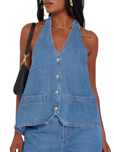 Tankaneo Womens Halter Denim Vest Tops Summer Open Back Y2K Going Out Tank Tops V Neck Button Down Jean Shirts - Image 1