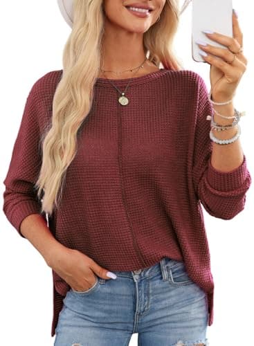 Dokotoo Womens Long Sleeve Tops Plus Size Women Blouses Dressy Casual Fall Outfits for Women 2026 Oversized Shirts Waffle Knit Top Business Casual Outfits Red Blouses S - Image 1