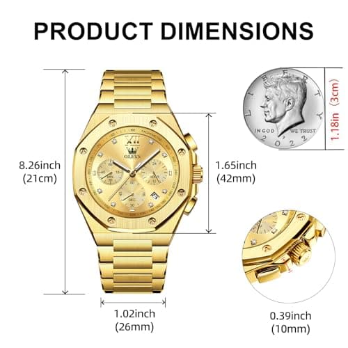OLEVS Gold Watches for Men Luxury Stainless Steel Dress Large Face Wrist Waterproof Quartz Analog Mens Watch Chronograph Octagonal Dial Luminous Watches for Men Relojes para Hombres - Thumbnail 4
