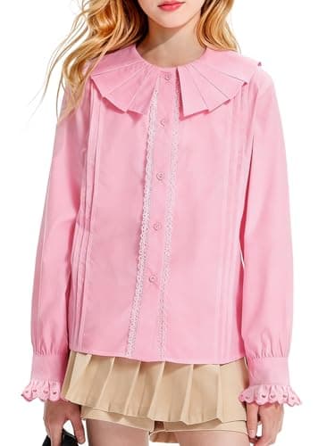 Barry Banny Girls Pink Dress Shirt Button Down Blouse Kids School Uniform Elegant Lace Decorated with Peter Pan Collar size6-7Y - Image 1