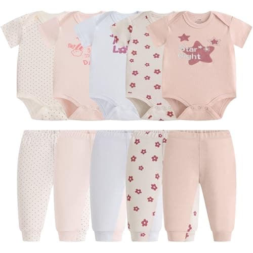 Baby Newborn Layette 10-Piece Set Cotton Bodysuits Short Sleeve Pants Sets Rainbow Stars Printed for Baby Boys Girls Toddler Unisex Baby Gift Sets for 6 9 Months - Thumbnail 2