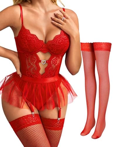 Tidouk Lingerie for Women Sexy Lace Lingerie Bodysuit Garter Lingerie Set with Detachable Mesh Mini Skirt(Red,Medium) - Image 1