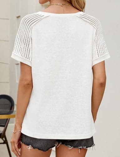 JUSTFASHIONNOW Women's Summer Tops Dressy Casual Short Sleeve V Neck T Shirts Trendy 2025 Cute Ladies Blouses Business Outfits White S - Thumbnail 3