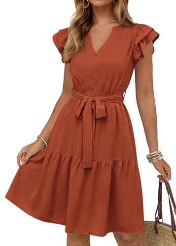 KIRUNDO Summer Dresses for Women 2026 Spring Flutter Sleeve V Neck Ruffle Flowy Tiered Knee Length Beach Vacation Sundress(Brick Red, XX-Large) - Image 1